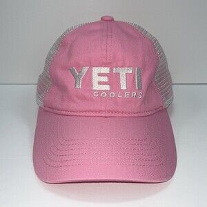 Yeti mesh snap back trucker hat Pink White embroidered